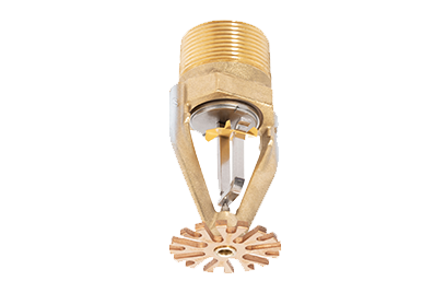 A gold sprinkler with a nozzle on a white background