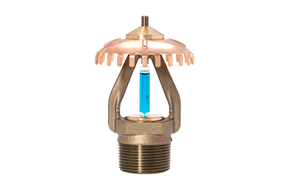 An upward pointing golden fire sprinkler